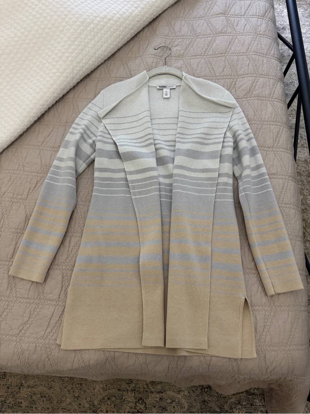White House Black Market Open-Front Striped Cardigan in Cream and Tan
